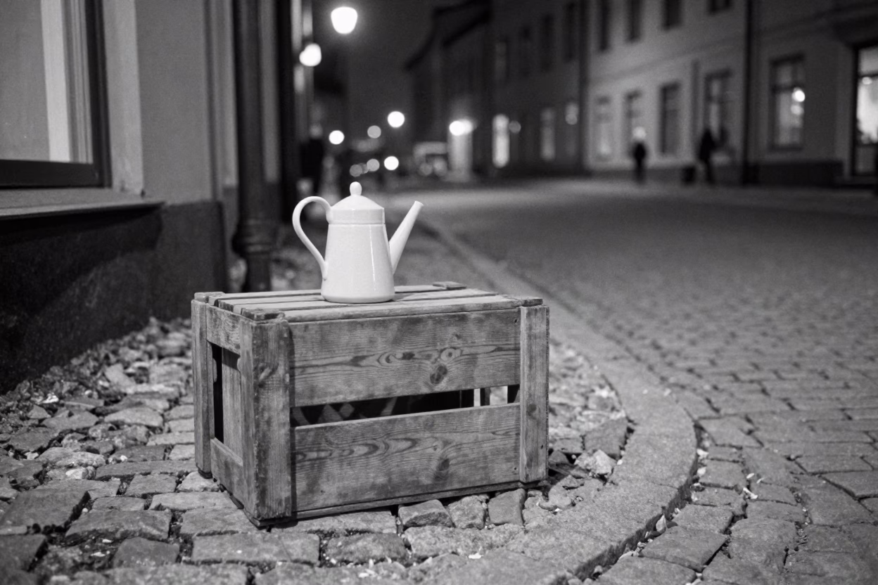 Vintage 1960s Stockholm Night Street Scene with Crate and Watering Jug in in Stockholm, Sweden