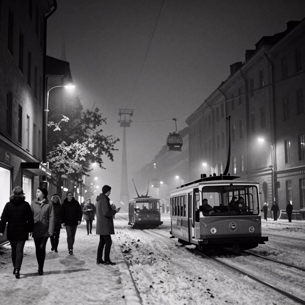 Vintage 1960s Stockholm Night Street Scene with Gondola Lift and Brass Details in in Stockholm, Sweden