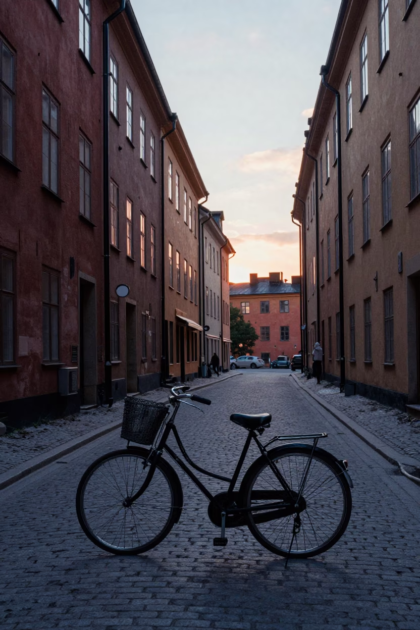 Vintage 1960s Stockholm Street Scene Before Sunrise with Bicycle and Cobblestone Alley in in Stockholm, Sweden