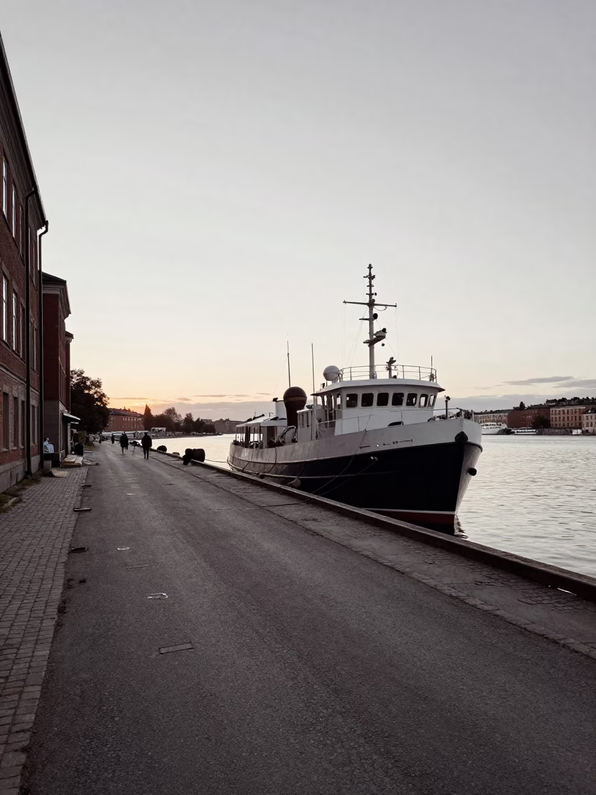 Vintage 1960s Stockholm street scene before sunrise with research vessel and narrowboat in in Stockholm, Sweden