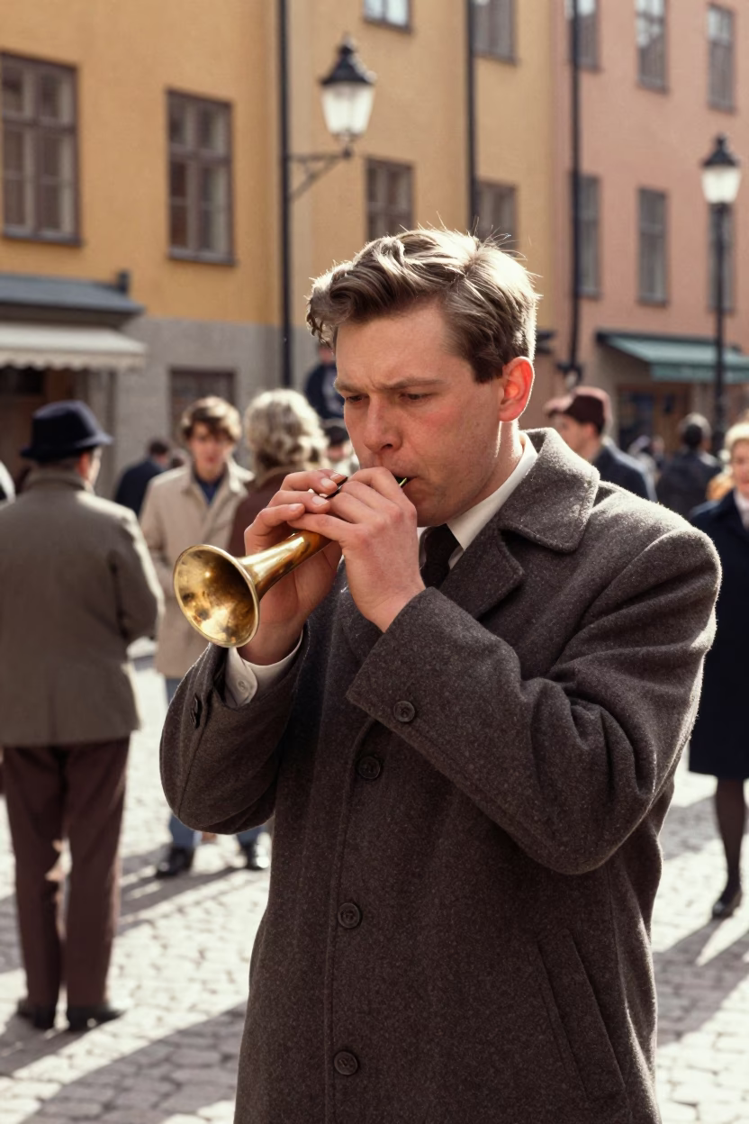Vintage 1960s Stockholm street scene with harmonica player and leaf shadows on cabinet door in in Stockholm, Sweden