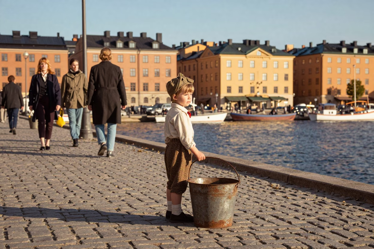 Vintage 1960s Stockholm Street Scene with Metal Bucket and Sailboat Reflection in in Stockholm, Sweden