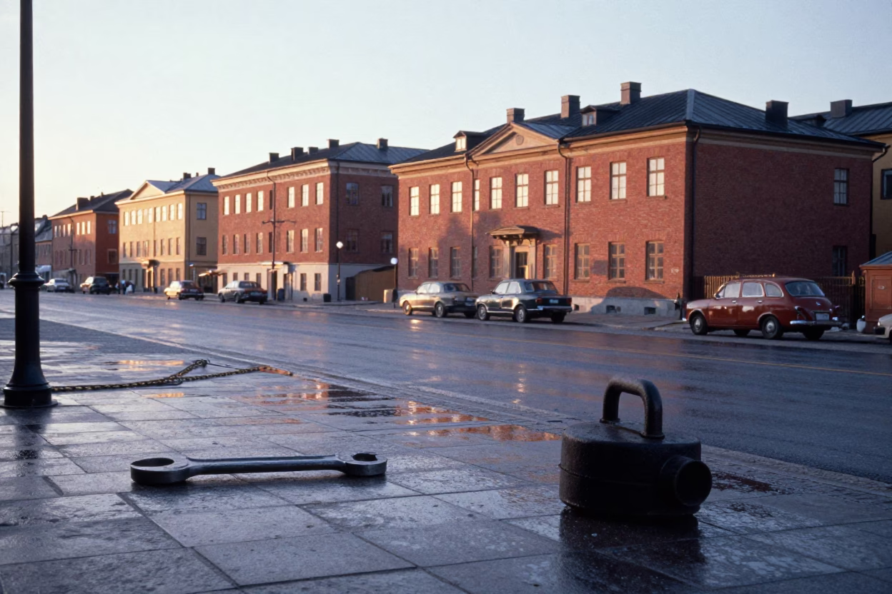 Vintage 1960s Stockholm Street Scene with Wrench and Castor Wheel on Cobblestone Near Waterfront in in Stockholm, Sweden