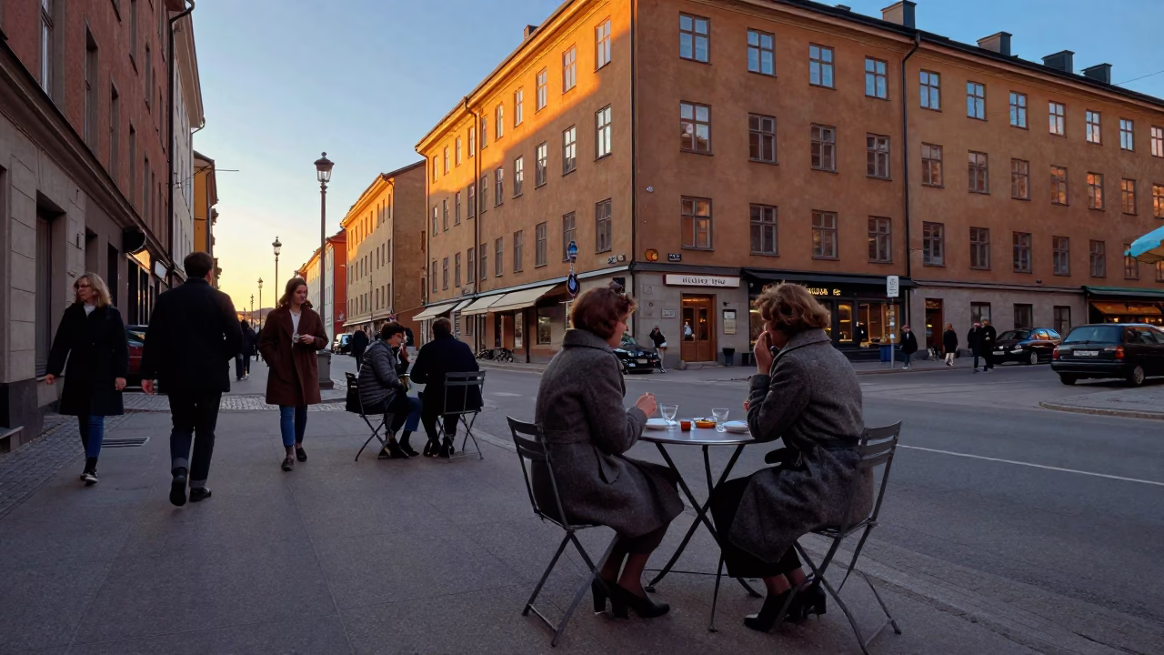 Vintage 1960s Stockholm Sunset Street Scene with Blue and White Porcelain Jar in in Stockholm, Sweden