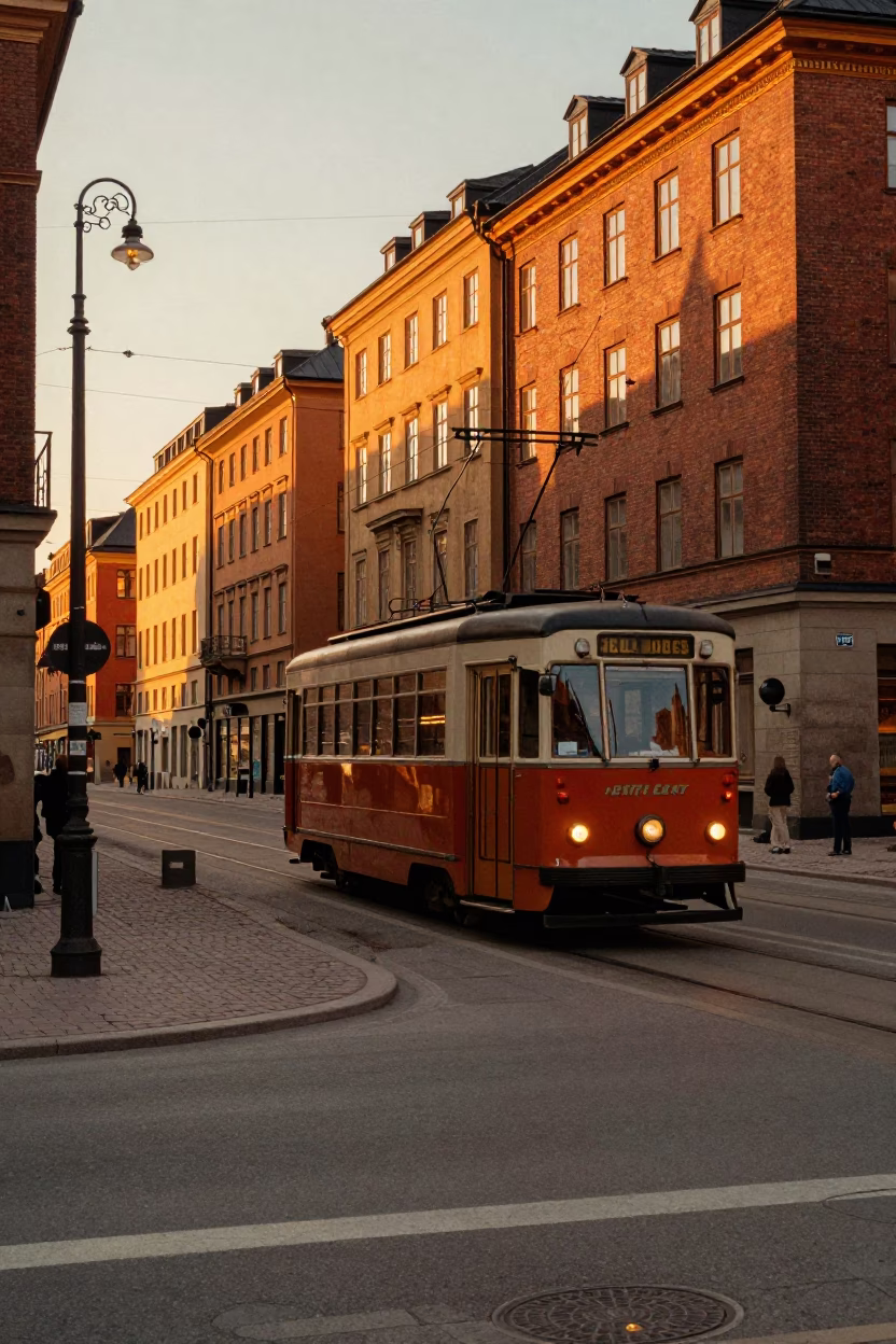 Vintage 1960s Stockholm Sunset Street Scene with Classic Tram and Urban Architecture in in Stockholm, Sweden