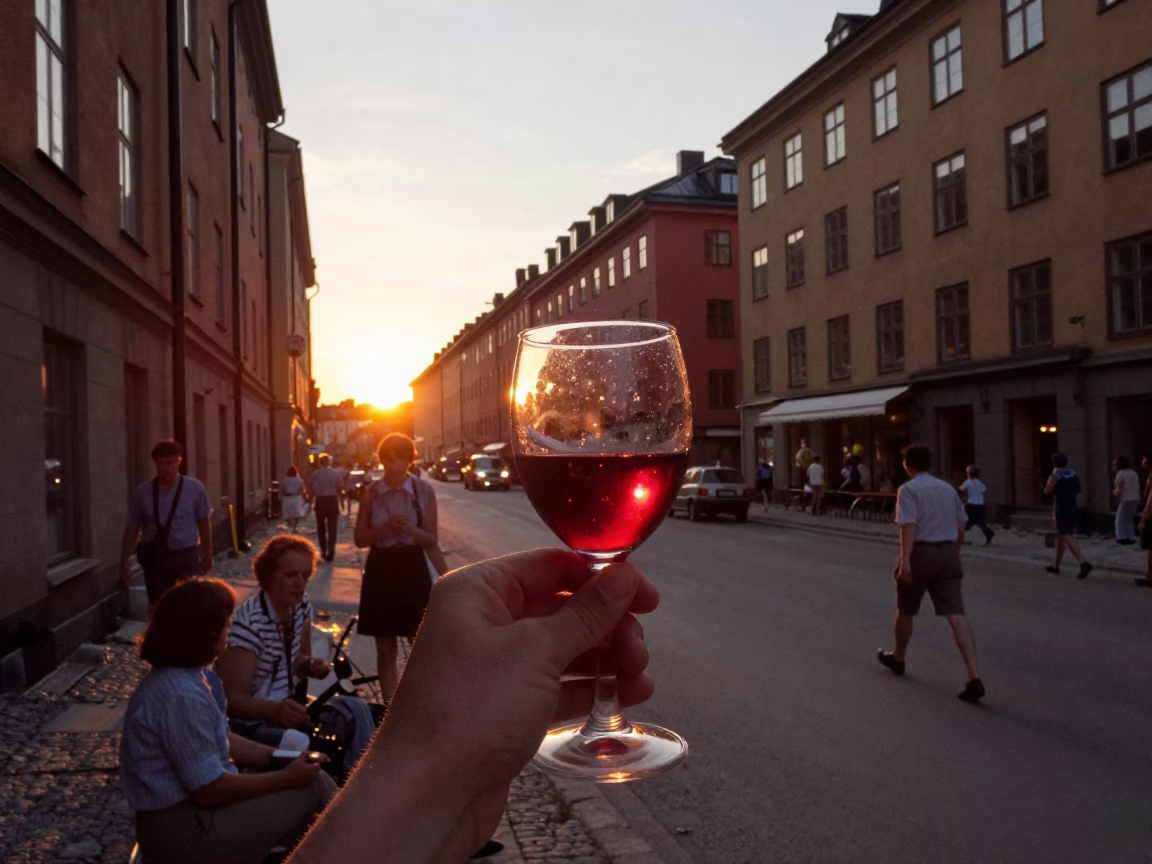 Vintage 1960s Stockholm Sunset Street Scene with Red Wine Glass and Classic Architecture in in Stockholm, Sweden