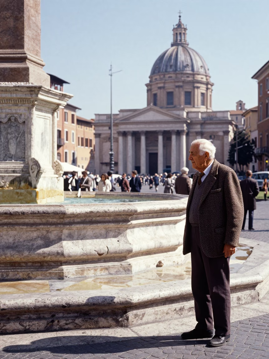 Vintage 1960s Street Photography of Roman Elder with Pocket Watch on Cobblestone Piazza in in Rome, Italy