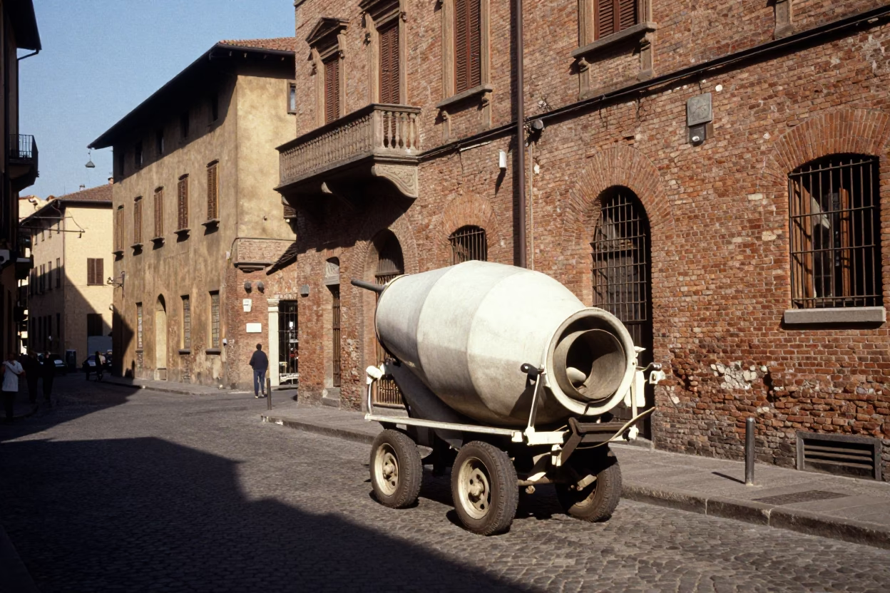 Vintage 1960s Street Scene in Bologna Italy with Cement Mixer and Construction in in Bologna, Italy