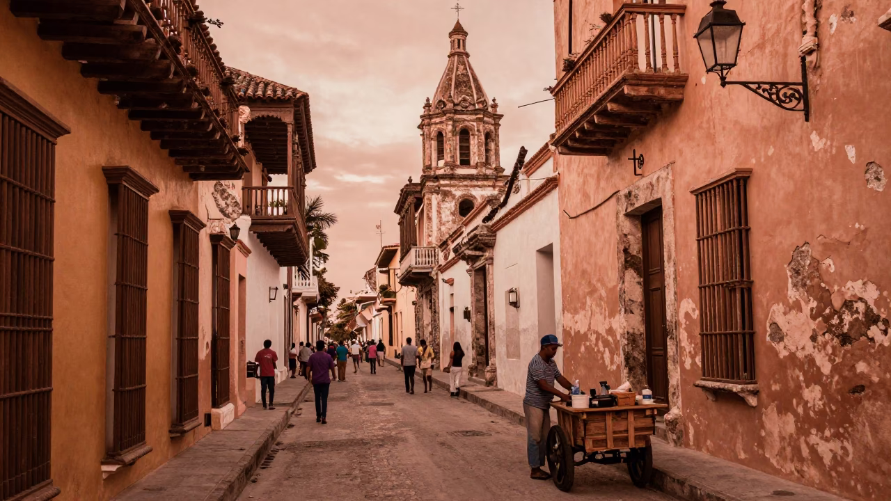 Vintage 1960s Street Scene in Cartagena Colombia with Copper Toned Dusk Light in in Cartagena, Colombia