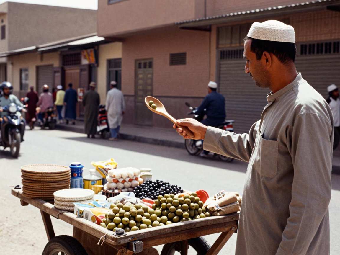 Vintage 1960s Street Scene in Fez Morocco with Olive Wood Spoon and Motorcycle in in Fez, Morocco
