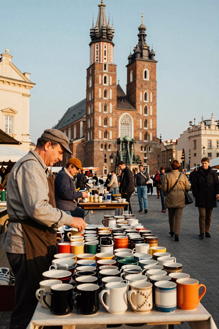 Vintage 1960s Street Scene in Krakow Poland Early Afternoon Market Stall in in Krakow, Poland