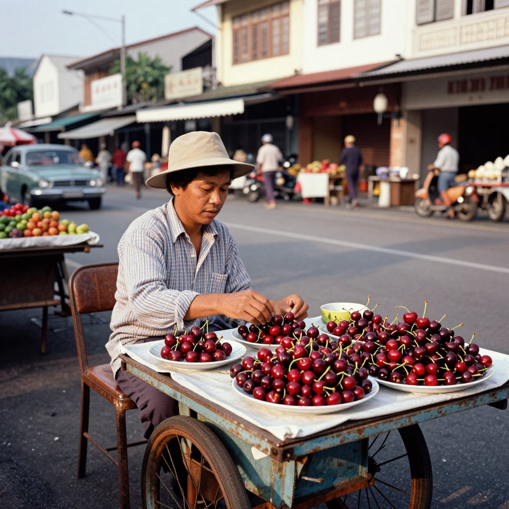 Vintage 1960s Street Scene in Kuala Lumpur Malaysia Late Afternoon Market Vendor in in Kuala Lumpur, Malaysia