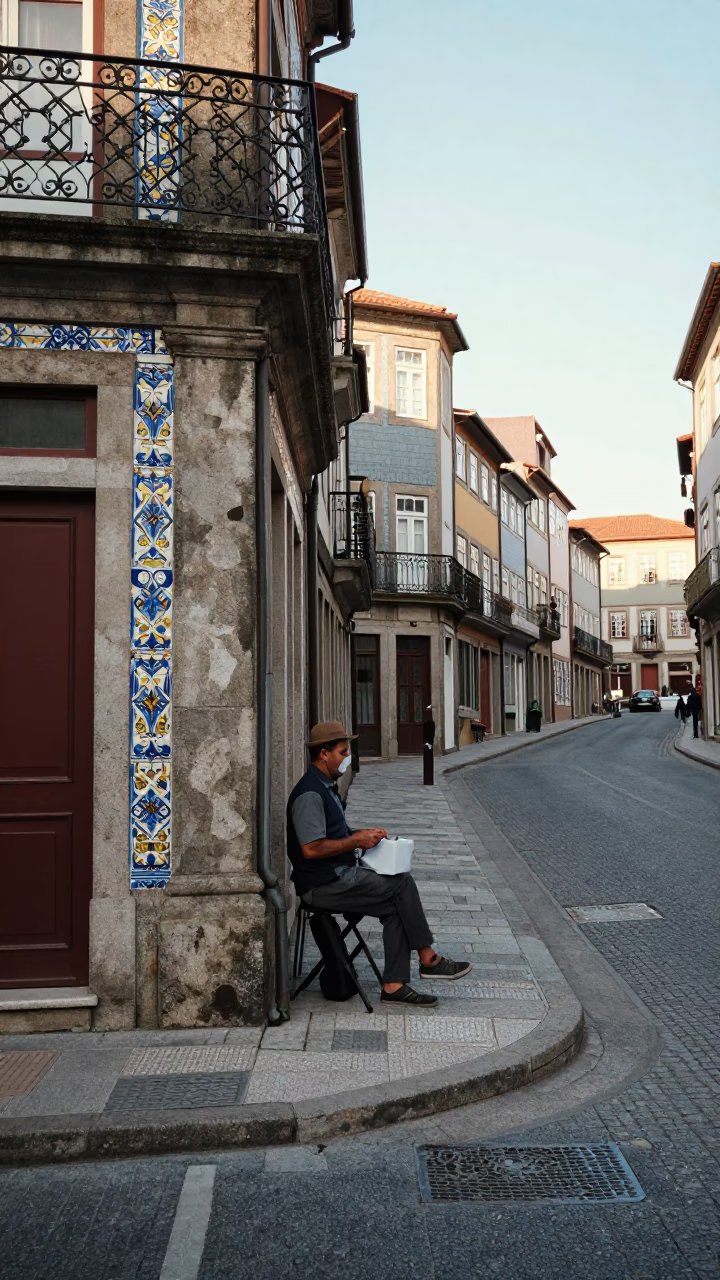 Vintage 1960s Street Scene in Porto Portugal with Glazed Ceramic and Shoebox in in Porto, Portugal