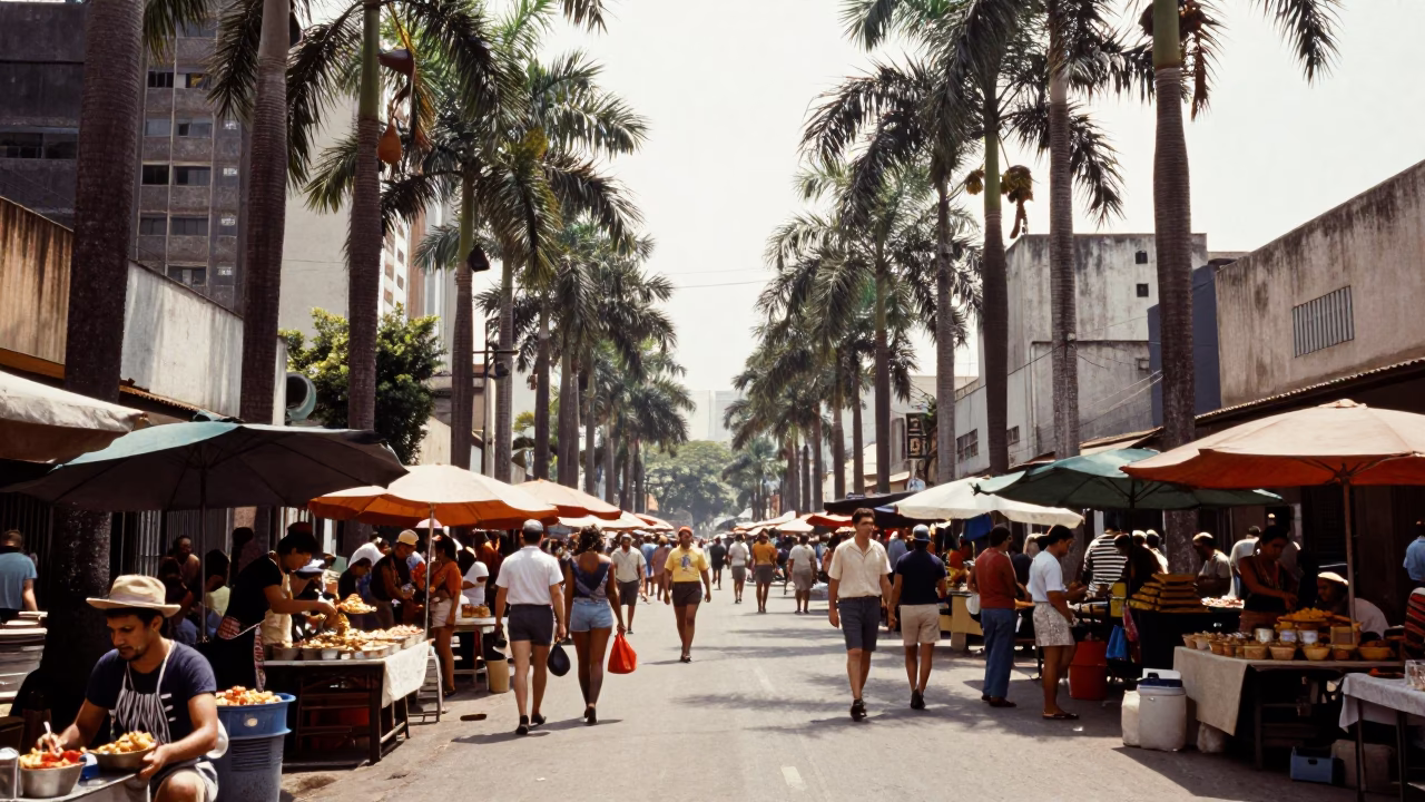 Vintage 1960s Street Scene in São Paulo Brazil Late Morning Market Activity in in São Paulo, Brazil