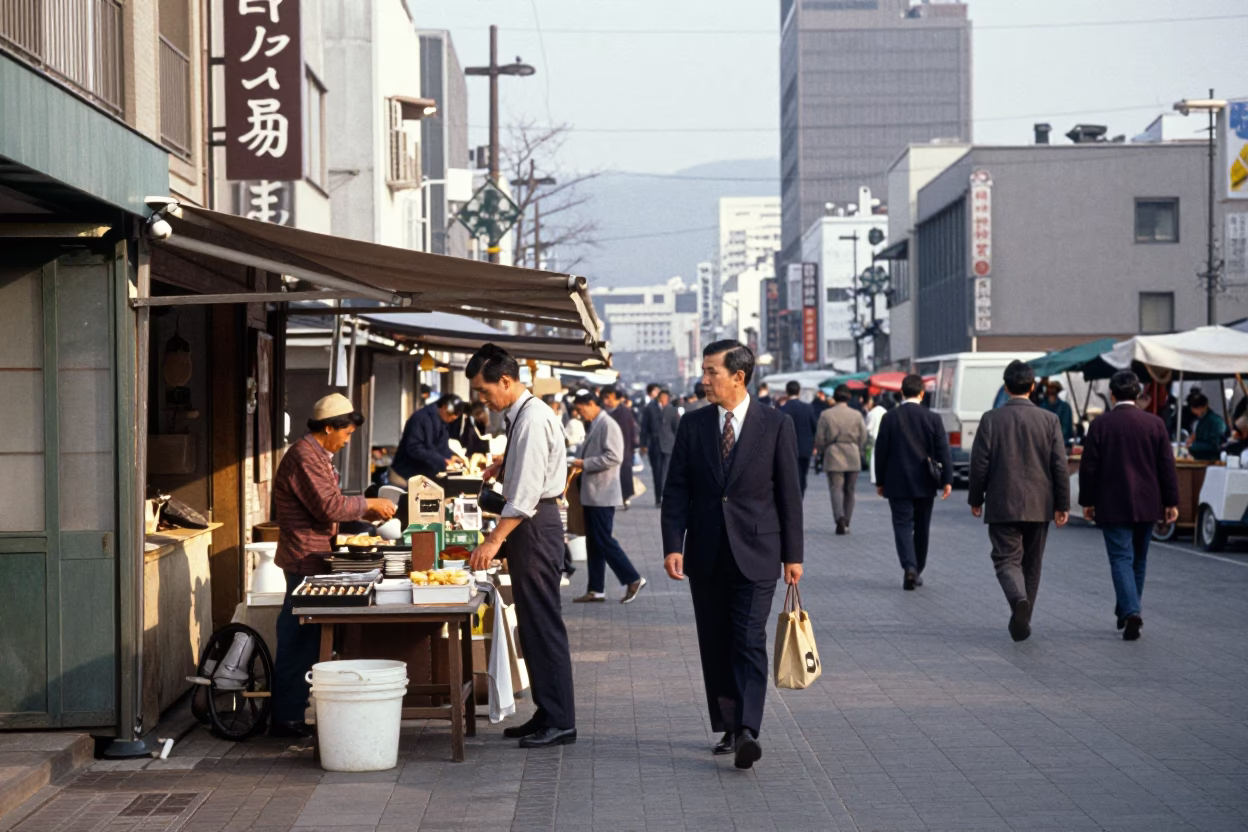 Vintage 1960s Street Scene in Sapporo Japan Late Morning Market Activity in in Sapporo, Japan