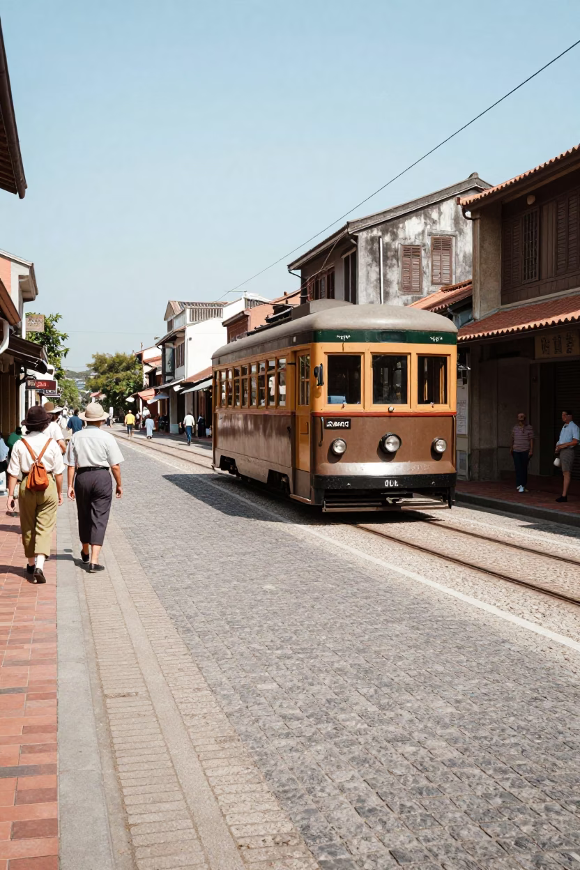 Vintage 1960s Street Scene in Tainan Taiwan with Heritage Tram and Local Life in in Tainan, Taiwan
