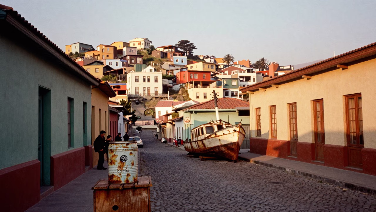 Vintage 1960s Street Scene in Valparaiso Chile with Rusting Ship and Coffee Tin in in Valparaiso, Chile