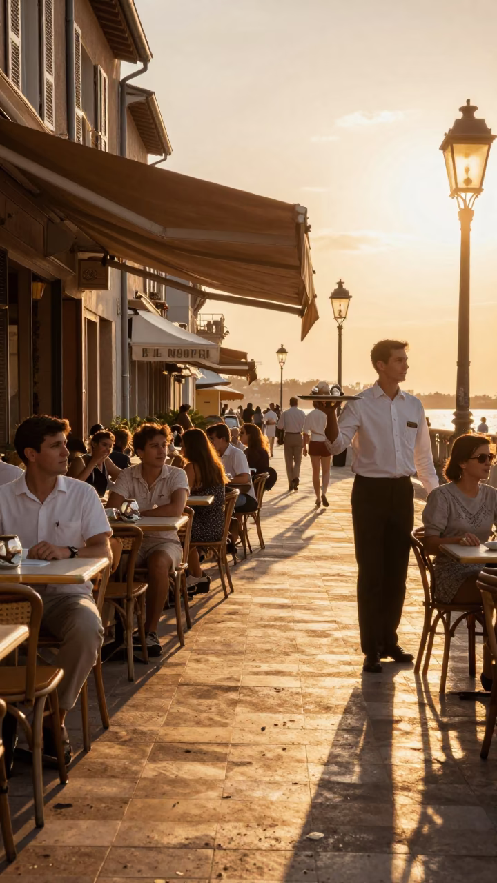 Vintage 1960s Sunset Street Scene in Nice France with Seashells on Table in in Nice, France