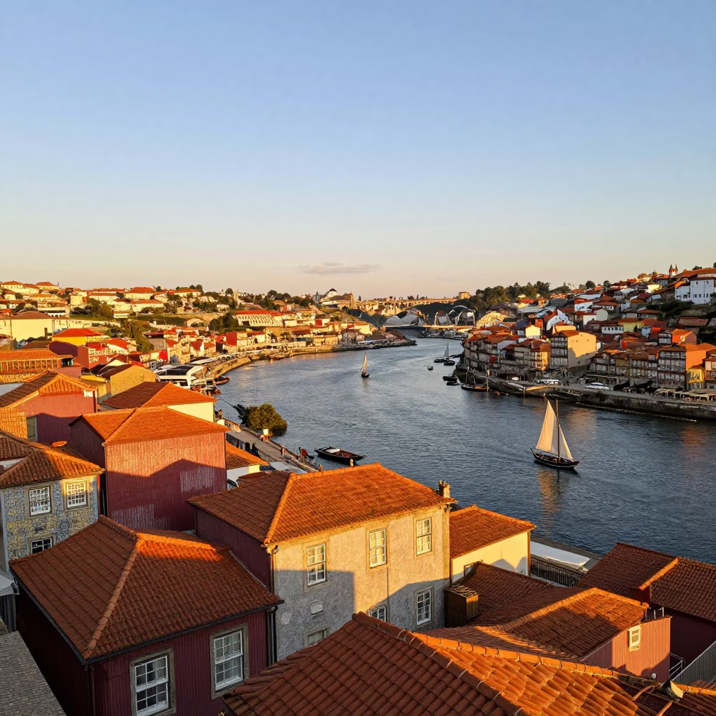 Vintage 1960s Sunset View of Douro River Sailboats and Historic Porto Architecture in in Porto, Portugal