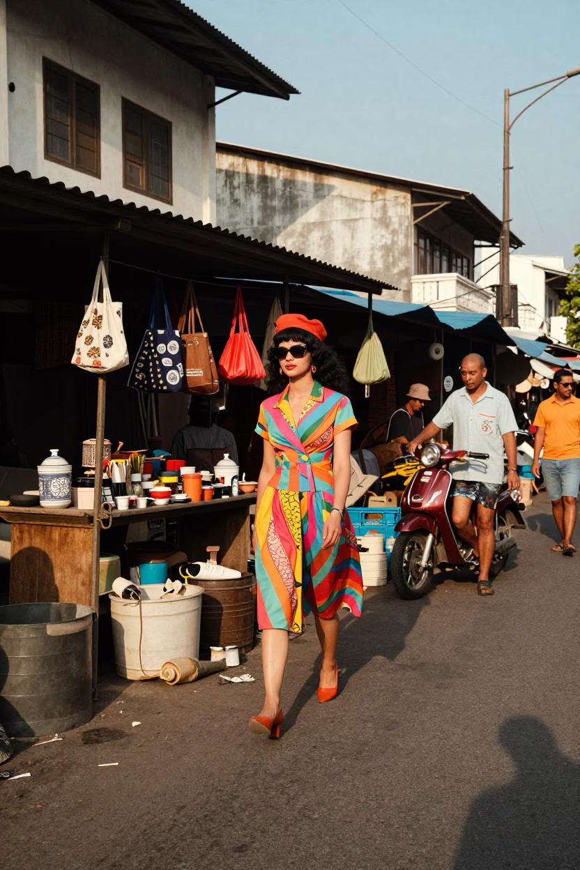 Vintage 1960s Surabaya Indonesia High Fashion Street Scene with Junk Boat Harbor View in in Surabaya, Indonesia