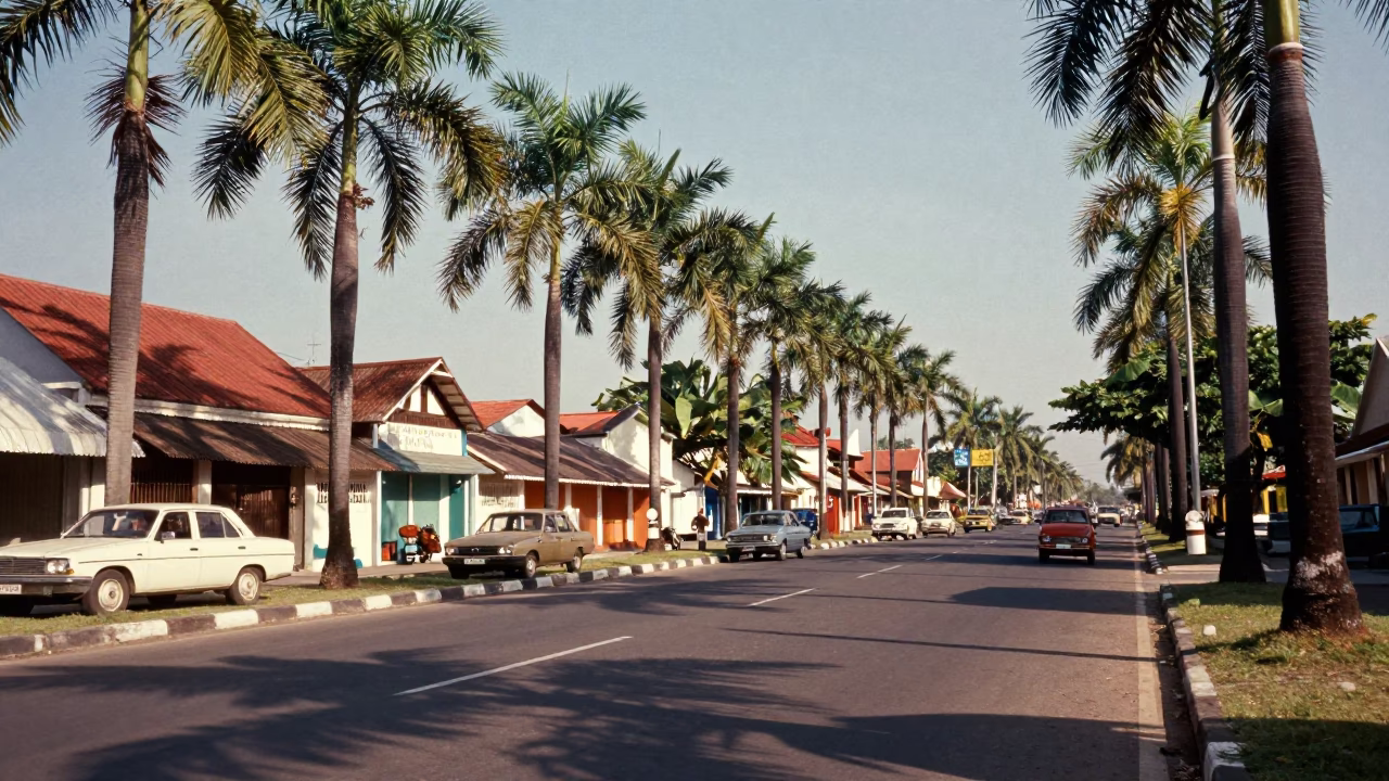 Vintage 1960s Surabaya Indonesia Street Scene with Palm Tree Avenue and Local Market Activity in in Surabaya, Indonesia