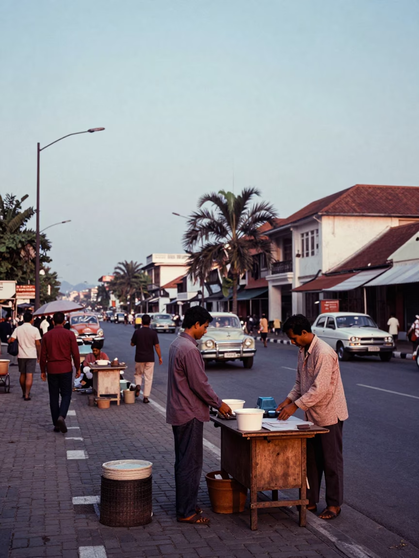 Vintage 1960s Surabaya Street Scene at Nautical Dawn with Local Market Activity in in Surabaya, Indonesia