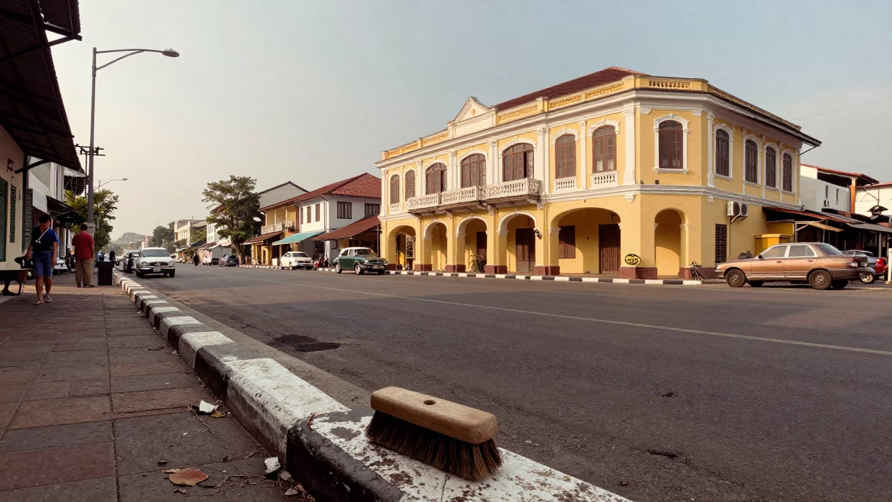 Vintage 1960s Surabaya Street Scene with Colonial Architecture and Local Market Activity in in Surabaya, Indonesia
