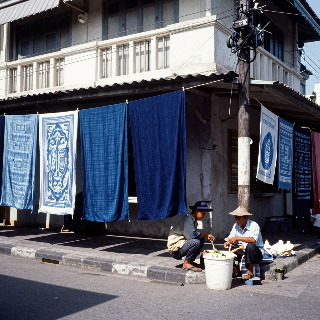 Vintage 1960s Surabaya Street Scene with Indigo Fabric Drying in Midday Sun in in Surabaya, Indonesia