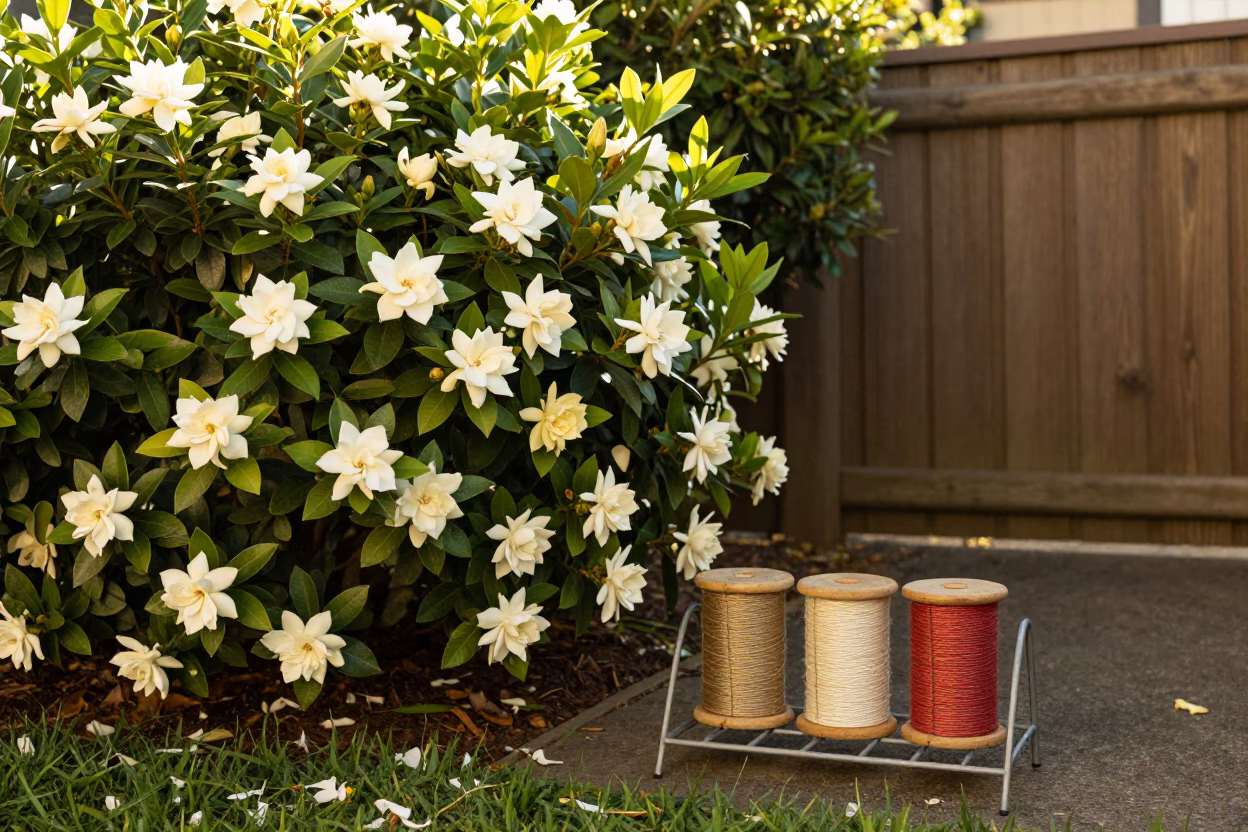 Vintage 1960s Sydney Gardenia Bush and Thread Spool Rack in Early Afternoon Light in in Sydney, New South Wales, Australia