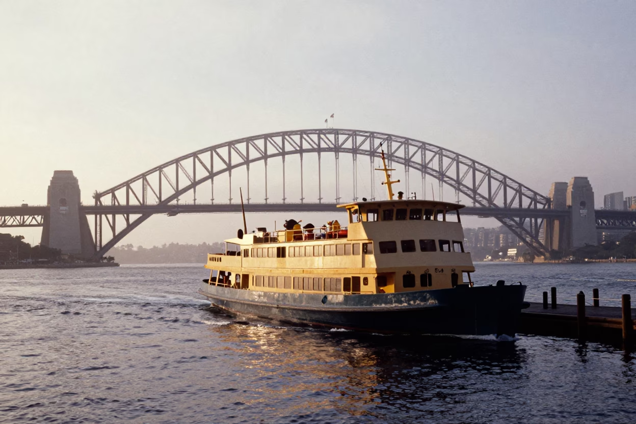 Vintage 1960s Sydney Harbor Ferry Approach at Dawn Mist with High Fashion Model in in Sydney, New South Wales, Australia