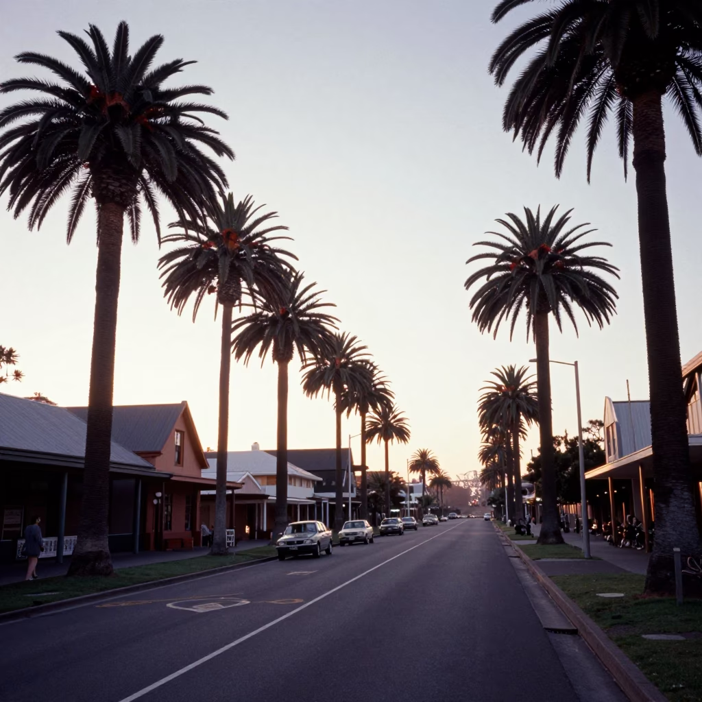 Vintage 1960s Sydney Street Scene Before Sunrise with Palm Tree Avenue in in Sydney, New South Wales, Australia