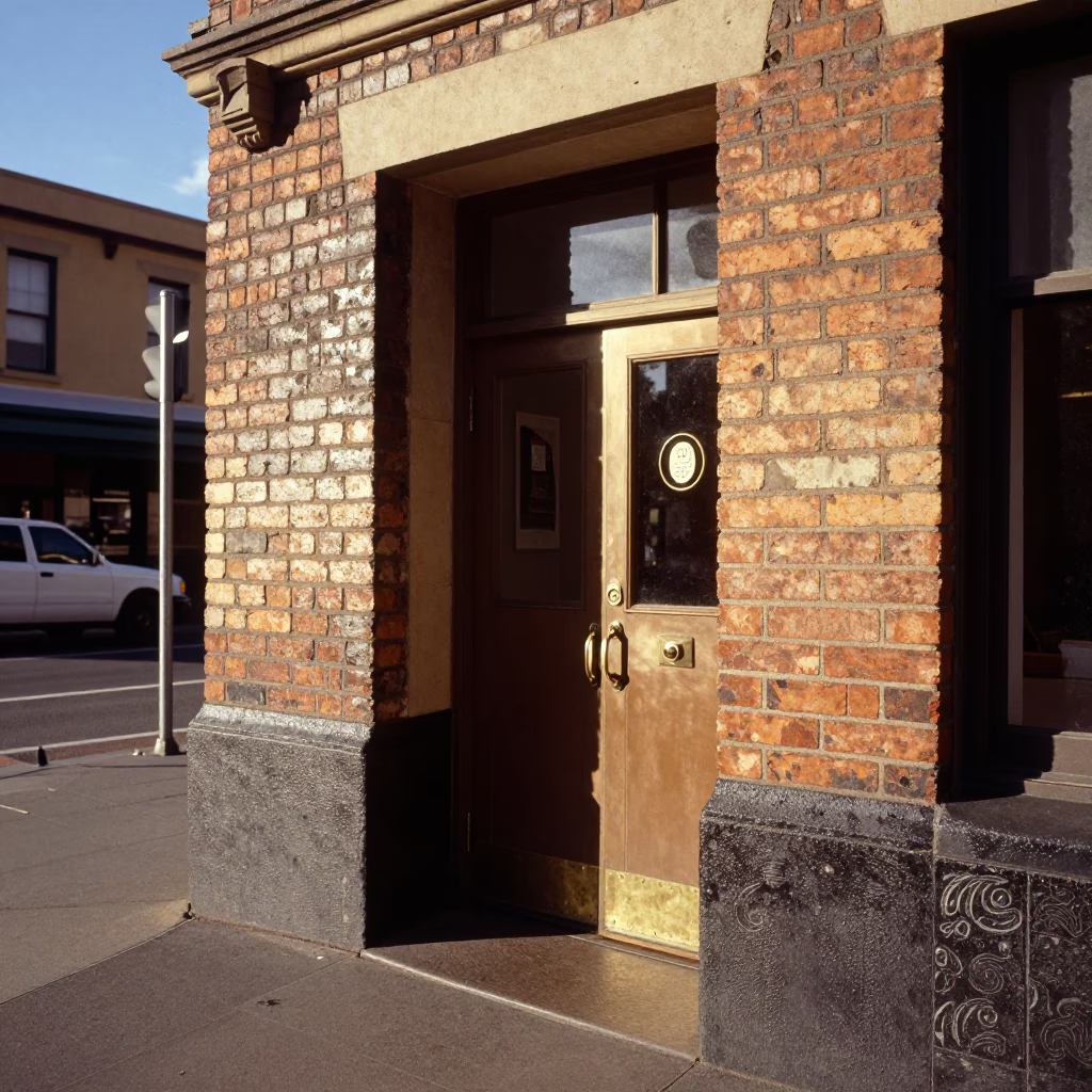 Vintage 1960s Sydney Street Scene with Brass Door Hardware and Dust Mop in in Sydney, New South Wales, Australia