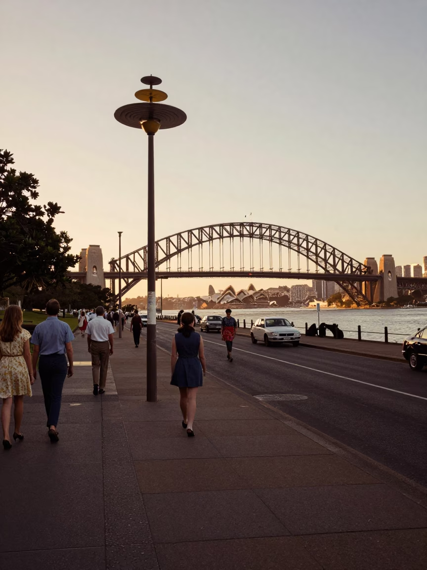 Vintage 1960s Sydney Sunset Street Scene with Spinning Top and Water Tower in in Sydney, New South Wales, Australia
