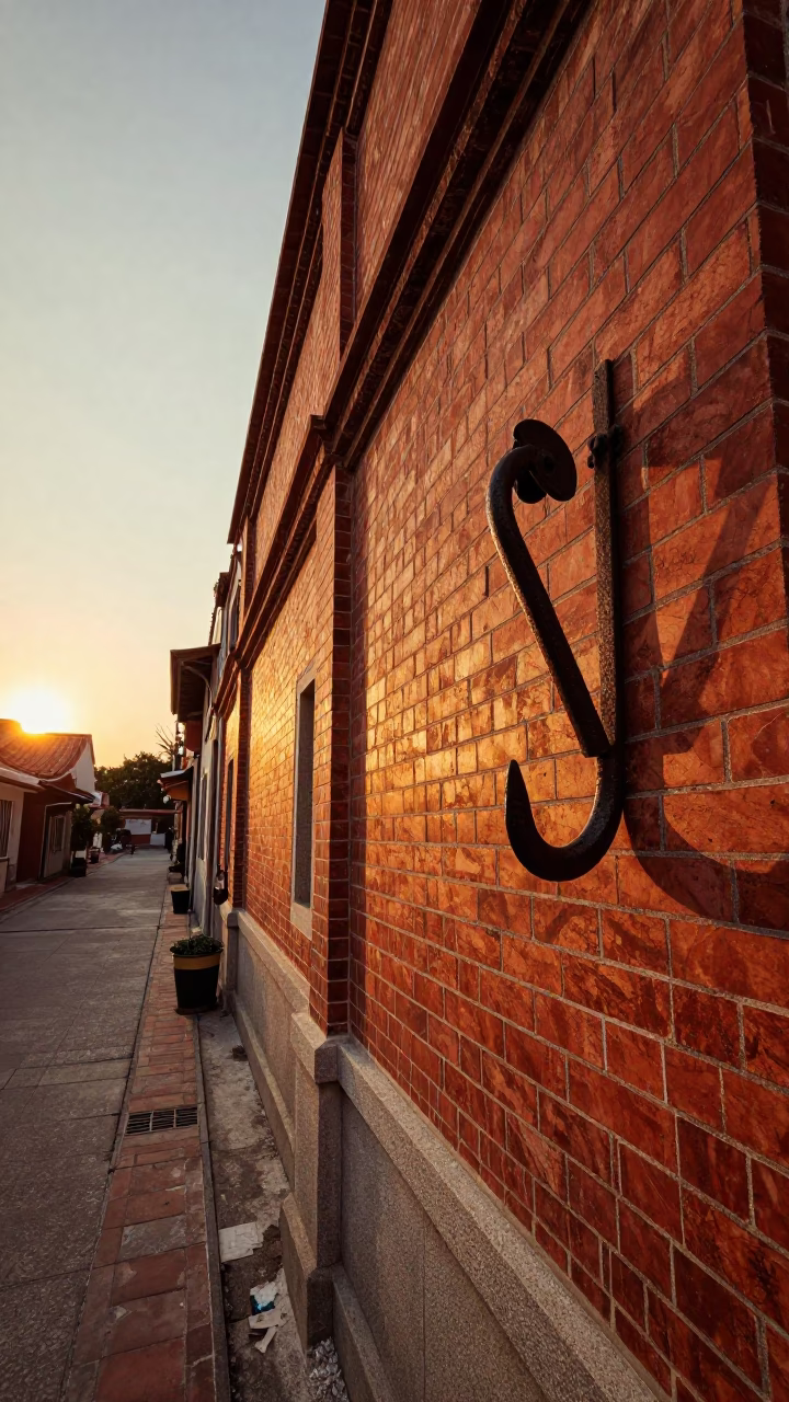Vintage 1960s Tainan Street Scene with Iron Hook and Pitcher at Sunset in in Tainan, Taiwan