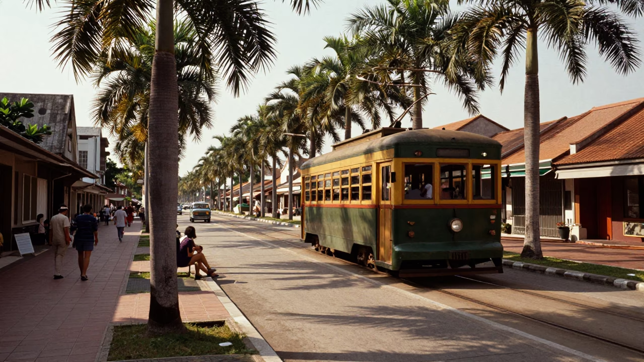 Vintage 1960s Tainan Street Scene with Palm Trees and Tramcar in in Tainan, Taiwan