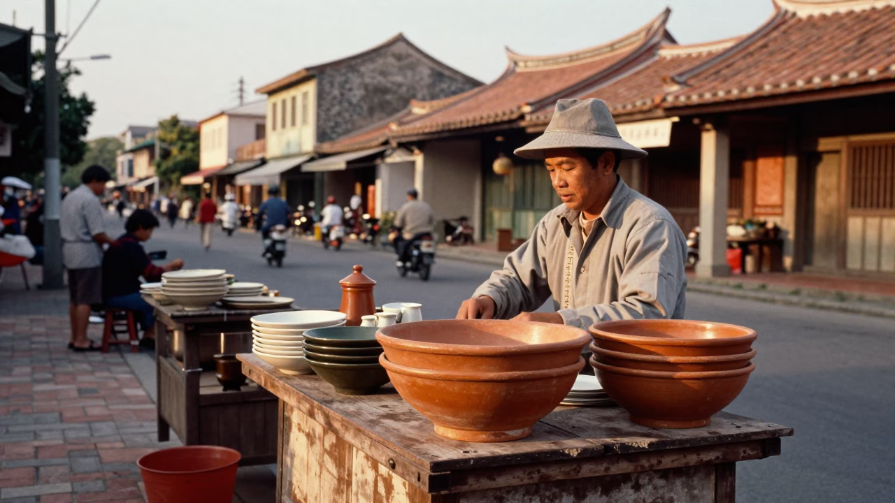 Vintage 1960s Tainan Street Scene with Terracotta Bowl and Grease Sheen on Drawer Pull in in Tainan, Taiwan