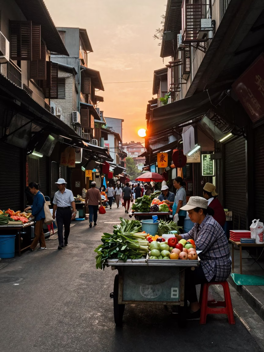 Vintage 1960s Taipei Street Scene at Sunset with Traditional Market Elements in in Taipei, Taiwan