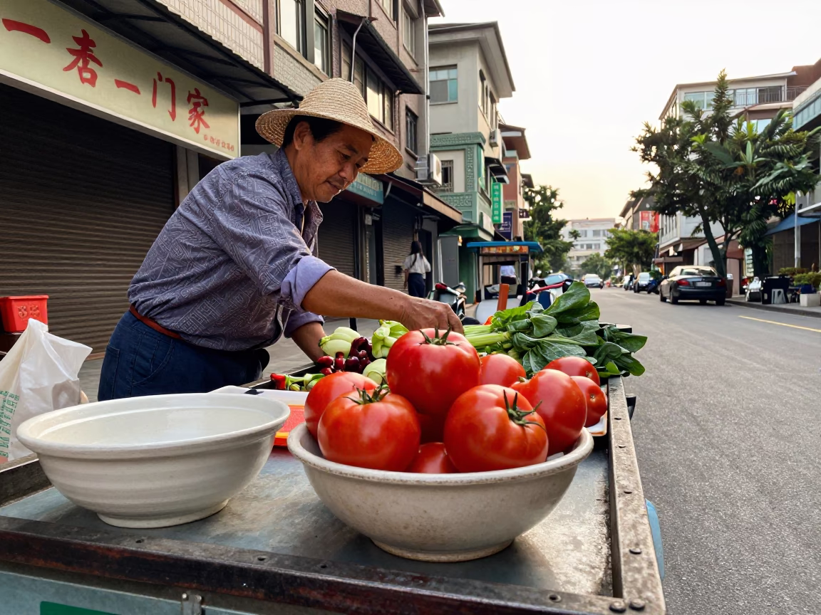 Vintage 1960s Taipei Street Scene with Ceramic Bowl and Clear Glass Cup in in Taipei, Taiwan