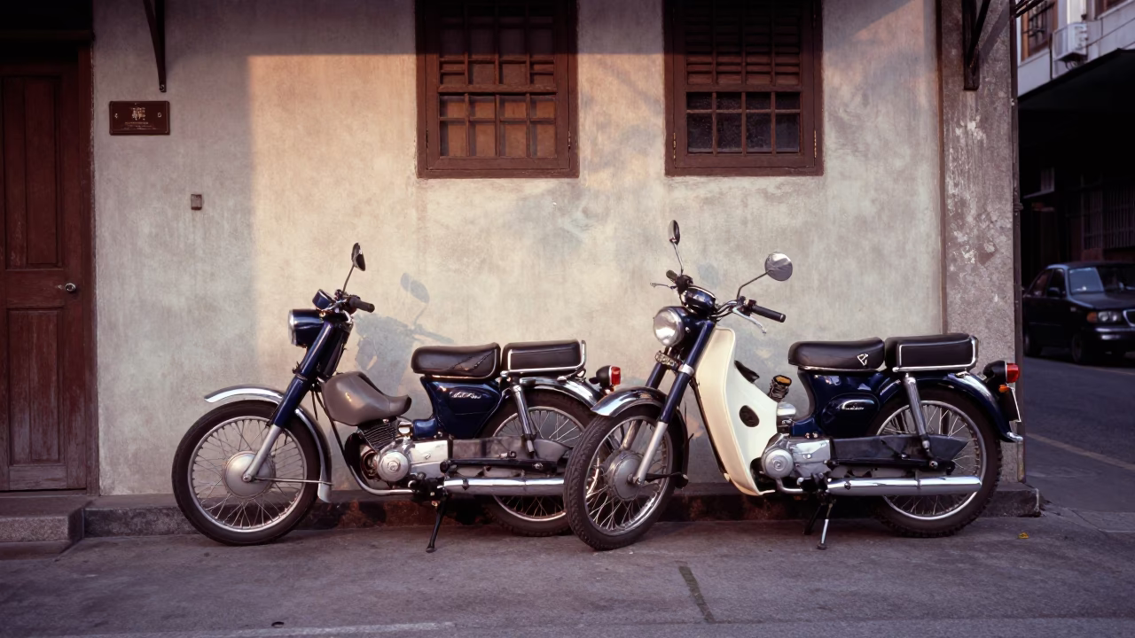Vintage 1960s Taipei street scene with parked motorcycle and morning light in in Taipei, Taiwan