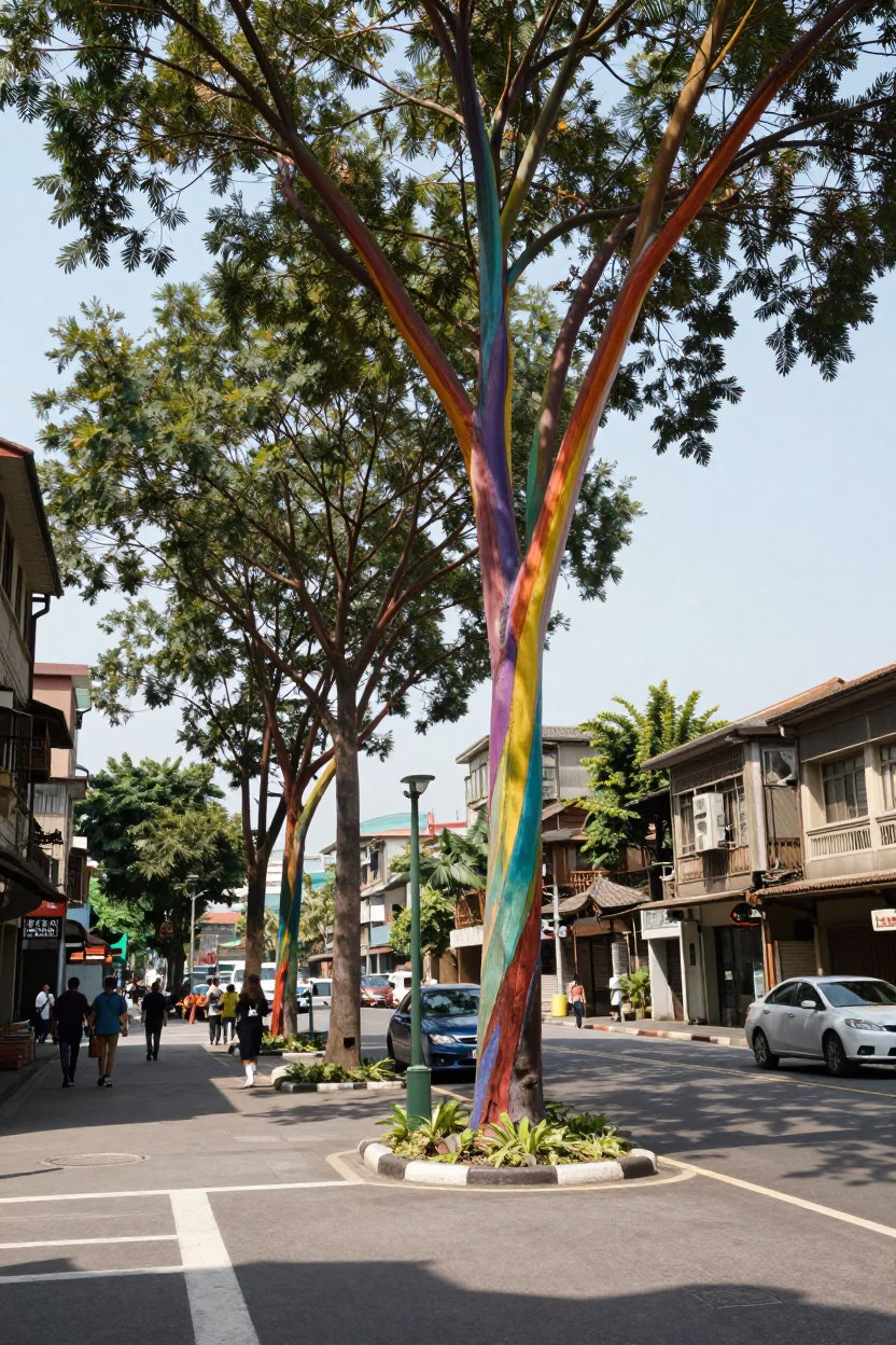 Vintage 1960s Taipei street scene with rainbow eucalyptus trees and local vendors in in Taipei, Taiwan