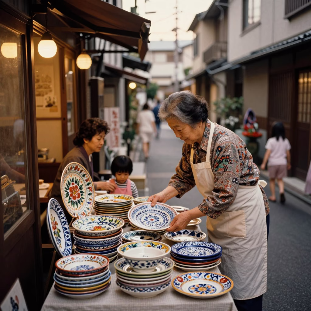Vintage 1960s Tokyo Evening Street Scene with Majolica Plates and Local Dining in in Tokyo, Japan