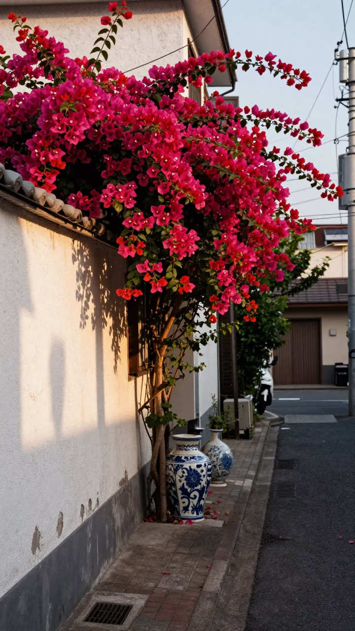 Vintage 1960s Tokyo Street Scene with Bougainvillea and Ceramic Pitcher in in Tokyo, Japan