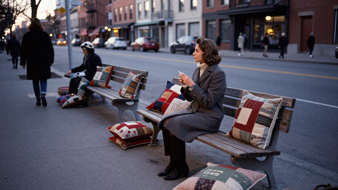 Vintage 1960s Toronto Evening Street Scene with Patchwork Pillows and Classic Architecture in in Toronto, Ontario, Canada