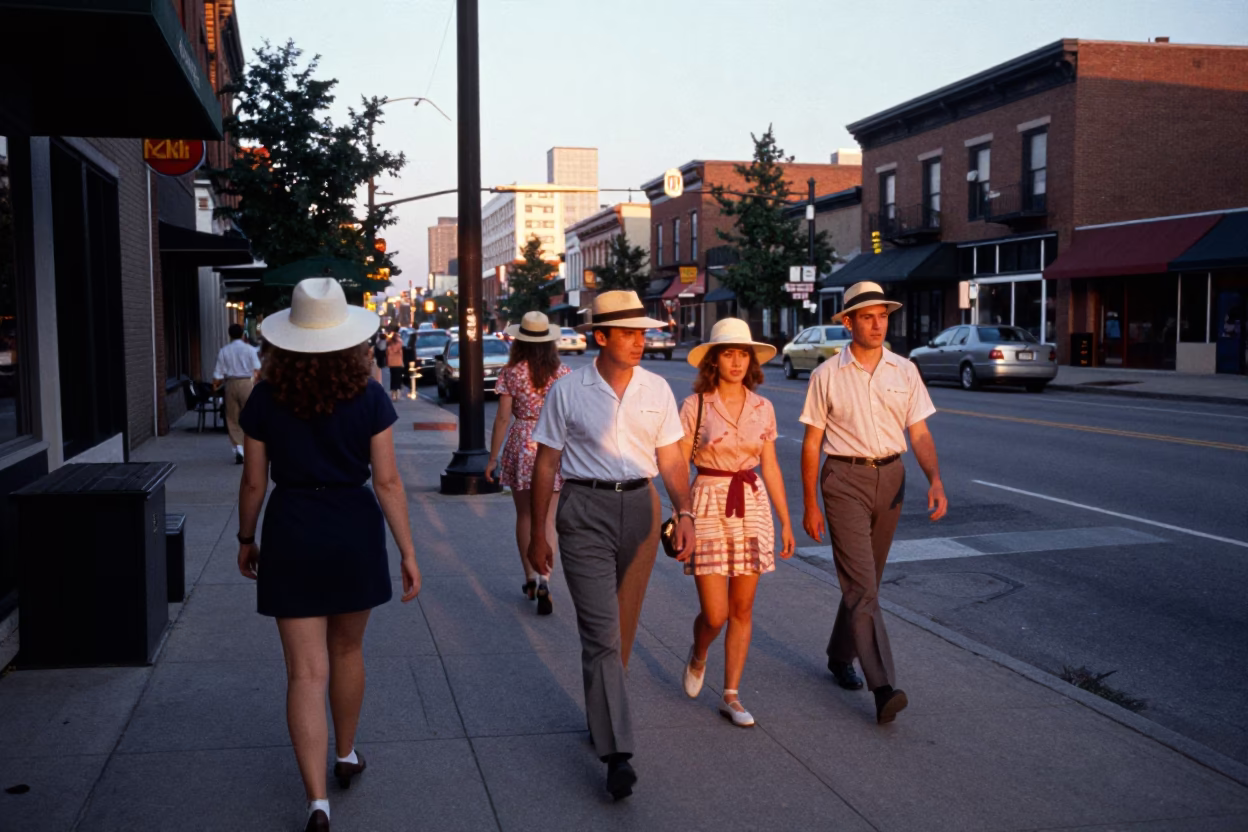 Vintage 1960s Toronto Evening Street Scene with Sun Hats and City Life in in Toronto, Ontario, Canada