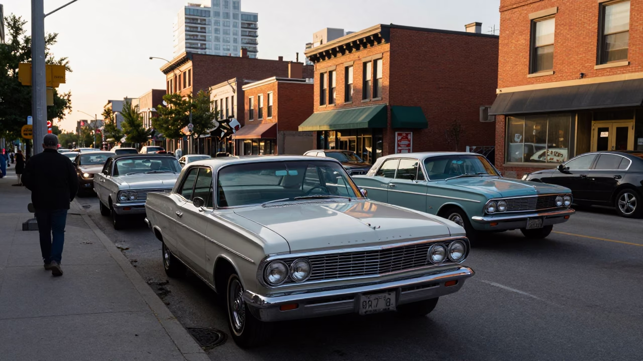 Vintage 1960s Toronto Golden Hour Street Scene with Classic Cars and Urban Life in in Toronto, Ontario, Canada