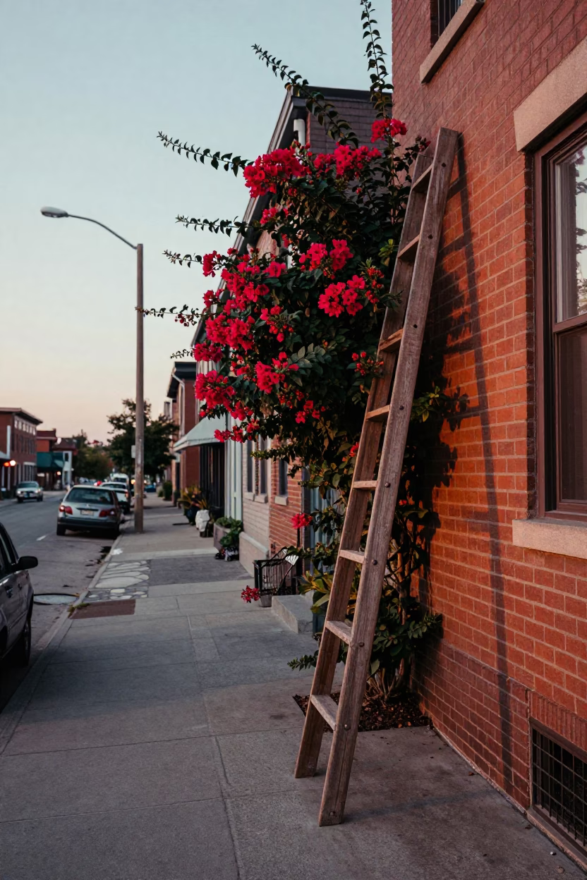 Vintage 1960s Toronto Street Scene at Dawn with Wooden Ladder and Blue Plumbago Hedge in in Toronto, Ontario, Canada