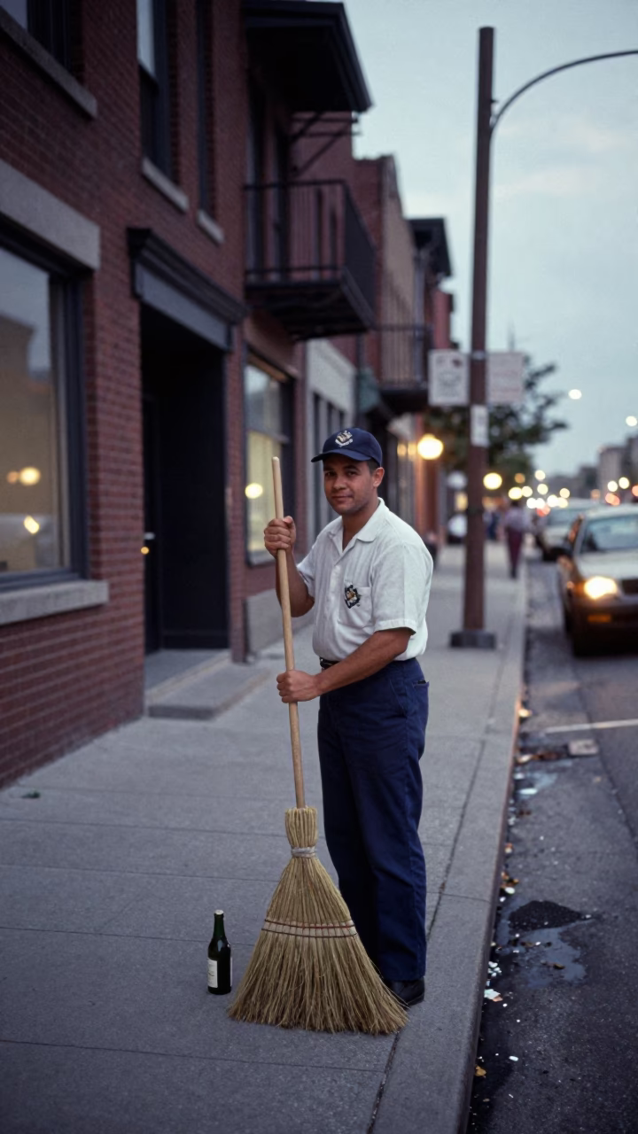 Vintage 1960s Toronto Street Scene with Broom and Bottle at Twilight in in Toronto, Ontario, Canada