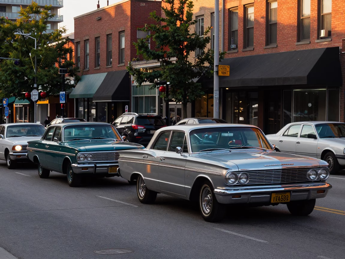 Vintage 1960s Toronto Street Scene with Classic Cars and Sunset Lighting in in Toronto, Ontario, Canada