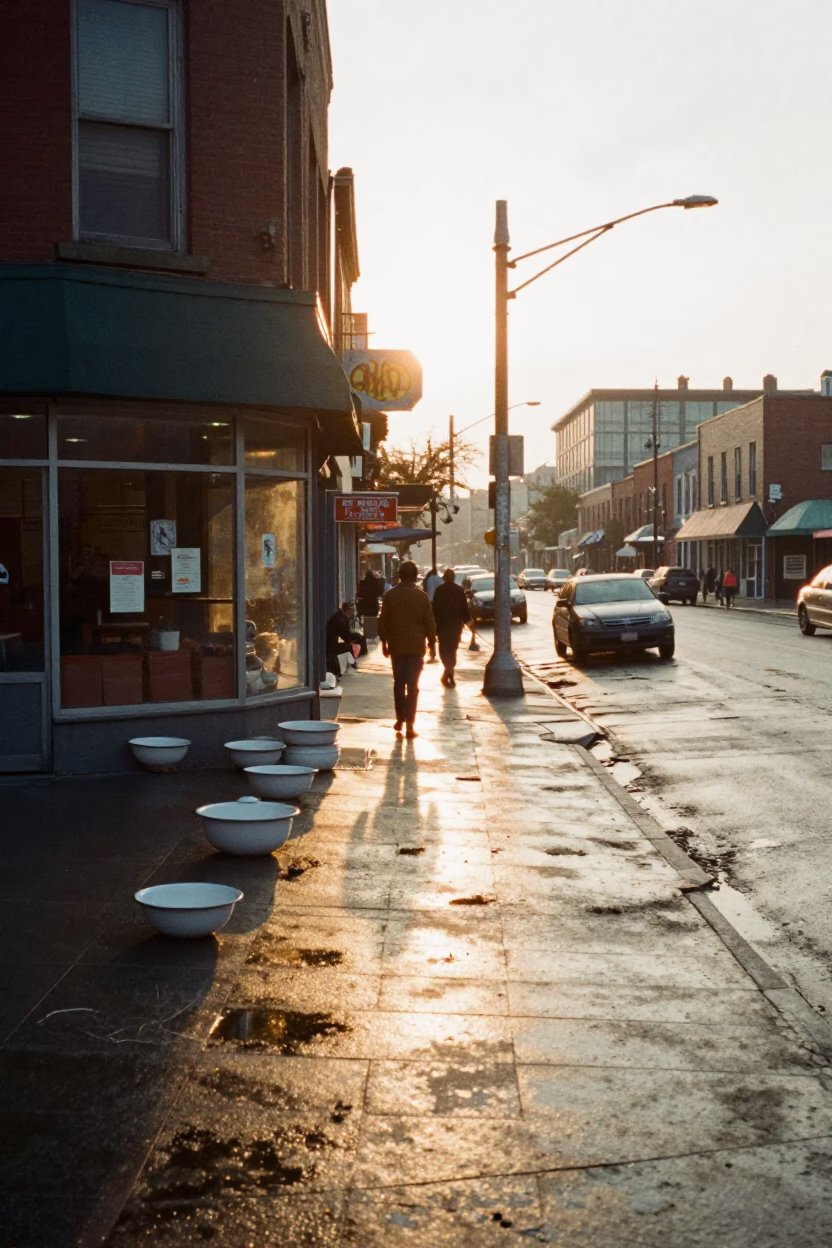 Vintage 1960s Toronto Street Scene with Enamel Bowls and Spatula at Sunrise in in Toronto, Ontario, Canada