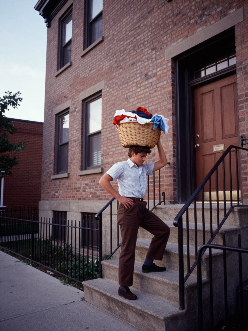 Vintage 1960s Toronto Street Scene with Laundry Basket and Blue Porcelain Bowl in in Toronto, Ontario, Canada